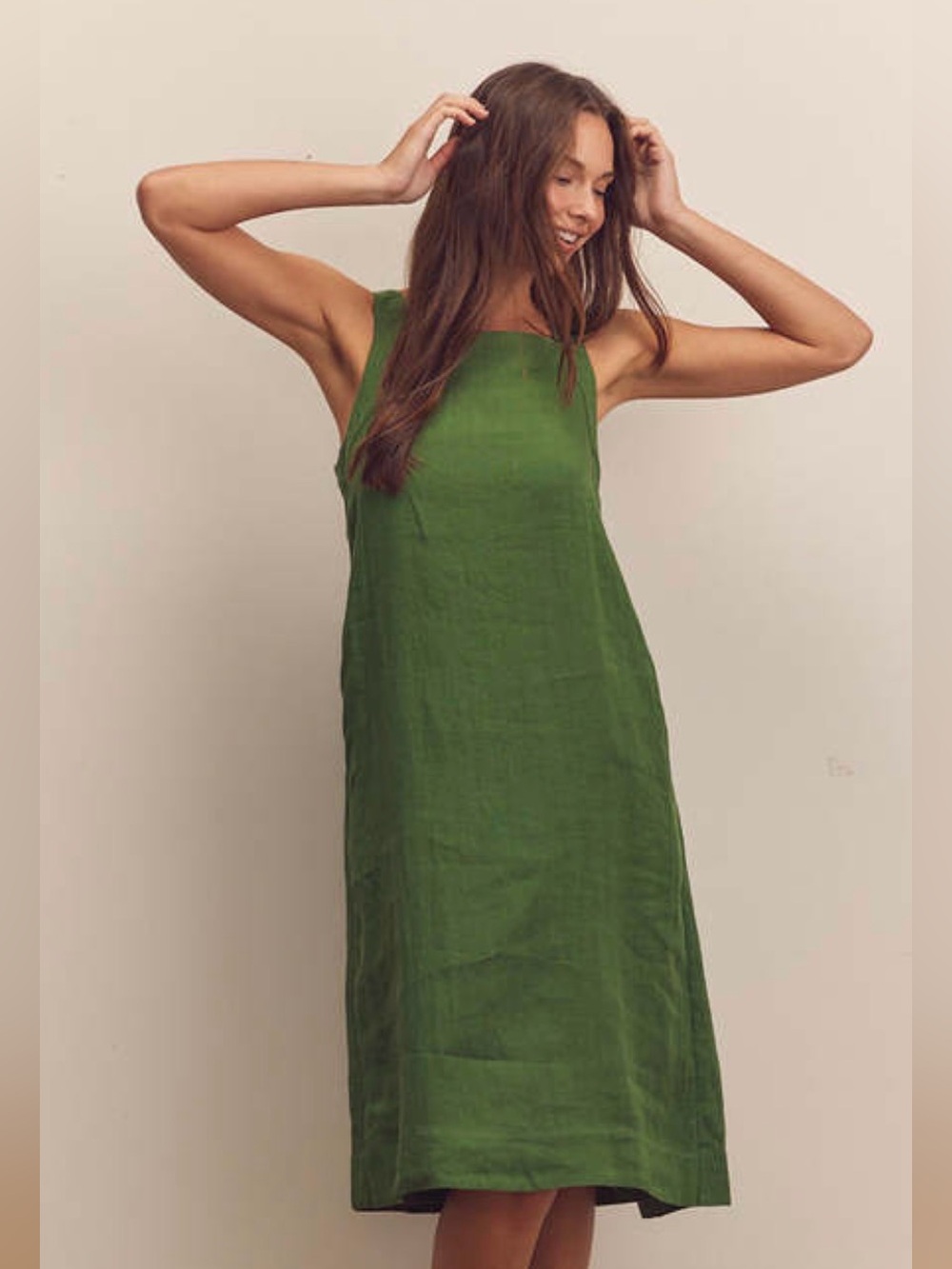 Amente Back Tied Green Linen Midi Dress Medium